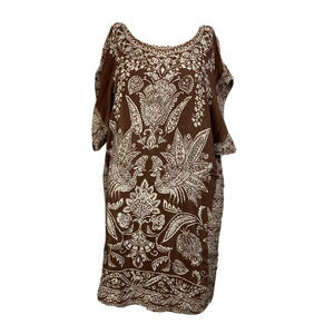 Maeve Anthropologie Dress Womens Sz S Brown White Silk‎ Floral Drop Sleeve Mini